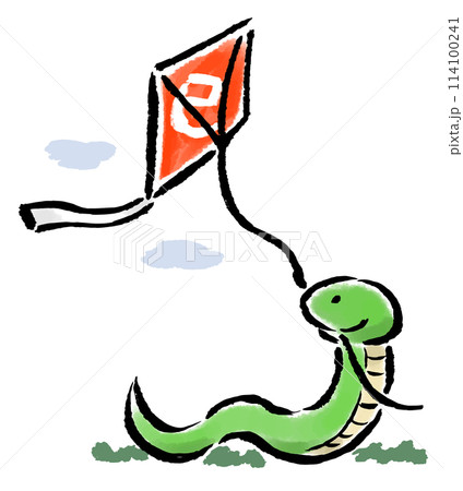 凧揚げをする巳（へび）　筆タッチ手描きイラスト 114100241