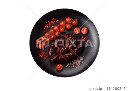 Delicious black blood sausage or black pudding with spices and herbs 114100245