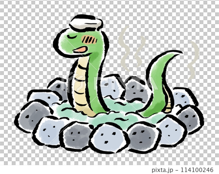 蛇在溫泉裡放鬆，手畫筆觸摸插圖 114100246