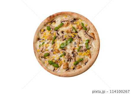 Delicious pizza with corn, cheese, tomatoes and mushrooms, salt, spices and herbs Delicious pizza with corn, cheese, tomatoes and mushrooms, salt, spices and herbs 114100267