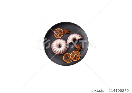 Delicious round pink and white cheesecake lactose-free, sugar-free, healthy nutrition 114100270