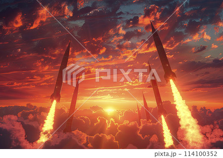 Fired missiles fly in the sky. Rockets attack concept. Ai generative 114100352