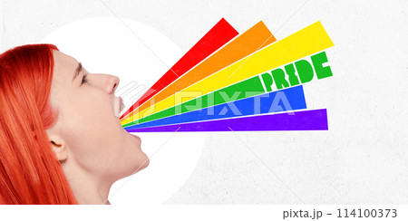 Poster. Contemporary art collage. Woman shouting and rainbow lines with word pride floating from her mouth. Solidarity and unity. 114100373