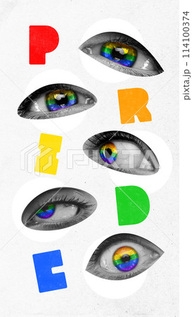 Poster. Contemporary art collage. human eye colored in rainbow colors and letters between them make word pride. Solidarity and unity. 114100374