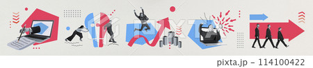 Banner. Contemporary art collage. Work evolves. Negotiation, hurdles jumps, success. Line of businessmen march towards red progress arrow. 114100422
