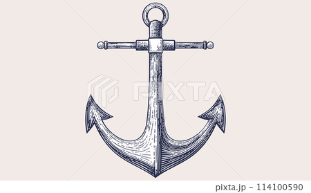 Anchor, hand drawn sketch, artwork. Vintage sea anchor, engraving style hand drawn graphic. Hand drawn vintage retro print, anchor sketch ink pencil drawing, engrave old school. Vector Illustration 114100590