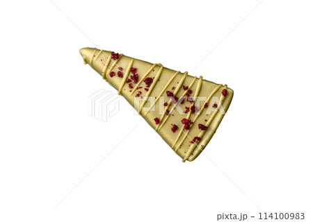 Delicious sweet cheesecake with fruits covered with icing with a wooden stick 114100983