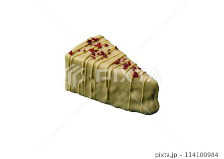 Delicious sweet cheesecake with fruits covered with icing with a wooden stick Delicious sweet cheesecake with fruits covered with icing with a wooden stick 114100984