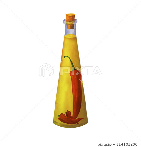 A bottle of aromatic olive oil with spices and chili pepper, watercolor hand painted, isolated on white background. For prints on textile and paper 114101200