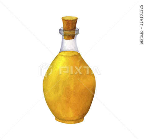 Glass bottle olive oil watercolor hand painted, isolated on white background. Decoration for kitchen, for restaurant menus, recipes, plates and dishes 114101225