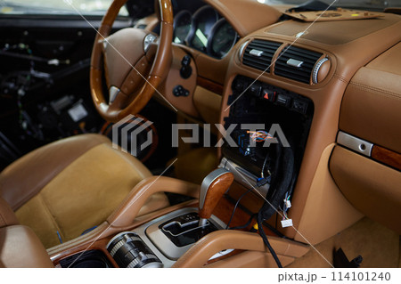 Car inside. Interior of prestige modern car. Comfortable leather seats 114101240