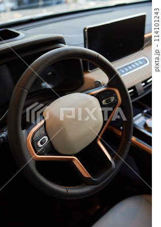 Car inside. Interior of prestige modern car. Comfortable leather seats Car inside. Interior of prestige modern car. Comfortable leather seats 114101243