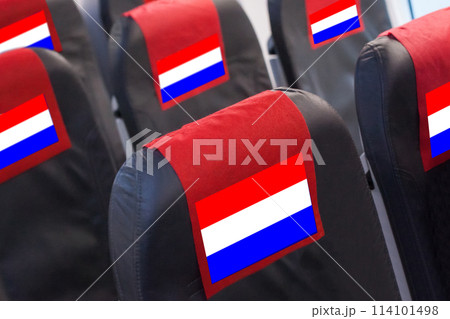 Flag of Netherlands on Empty seat in plane. Travel, flight and transportration 114101498