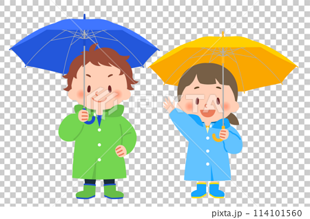 傘をさす雨具を身につけた子供たち 114101560