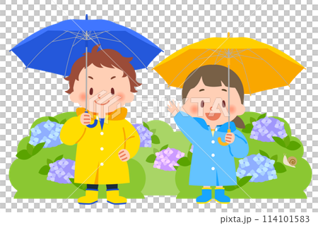 孩子們穿著雨傘和雨傘 孩子們穿著雨傘和雨傘 114101583