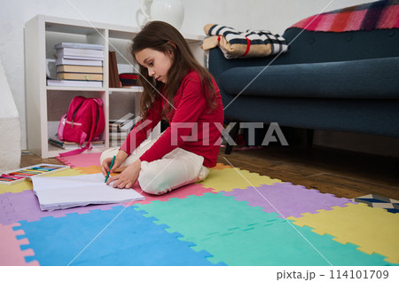 Cute little school girl doing home work at home. Adorable child sitting on a colorful puzzle carpet, writing text Cute little school girl doing home work at home. Adorable child sitting on a colorful puzzle carpet, writing text 114101709