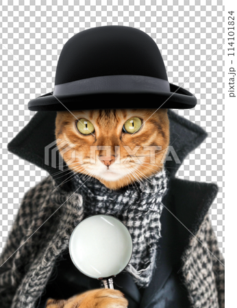 A cat with a magnifying glass dressed as a detective or sleuth. 114101824