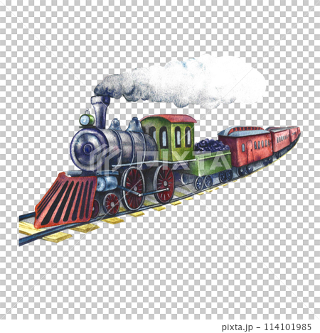 Train. Vintage moving retro steam locomotive. Watercolor illustration made by hand. Isolate. For banners, flyers, posters. For prints, stickers, postcards and tickets. 114101985