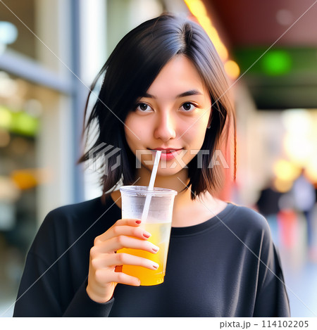 Closeup Shot of a Young Woman Enjoying a Beverage 114102205