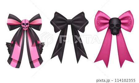 Emo pink bow with skull set. Y2k style. Goth subculture isolated on white background. Ai generative 114102355