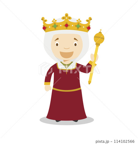 Isabella I of Castile (The Catholic) cartoon character. Vector Illustration. Kids History Collection. Isabella I of Castile (The Catholic) cartoon character. Vector Illustration. Kids History Collection. 114102566