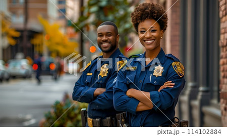 Confident police officers smiling on city street. Public safety professionals in uniform. Friendly law enforcement presence in the community. AI Confident police officers smiling on city street. Public safety professionals in uniform. Friendly law enforcement presence in the community. AI 114102884