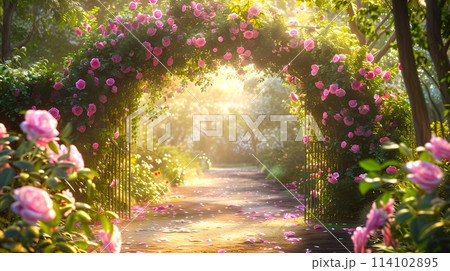 Enchanting Rose Archway in a Serene Garden Pathway, Inviting Sunlight Shining Through. Perfect for Romantic and Nature Themes. AI 114102895