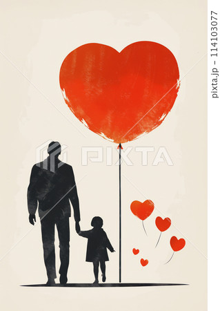 Minimalist Illustration of Silhouetted Father and Child Holding Hands Under Heart-Shaped Balloon 114103077