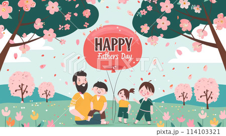 An illustrated scene of a bearded father with his three children holding a Happy Fathers Day balloon surrounded by cherry blossoms and falling petals. 114103321
