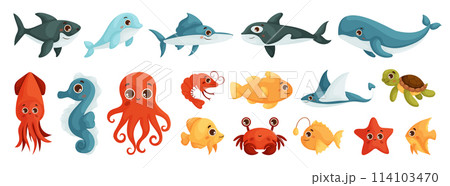 A Set of Sea Animals Stickers. Underwater life. Cute whale, squid, octopus, stingray, jellyfish, fish, crab, seahorse. Fish and wild sea animals isolated on white background. Cartoon Vector A Set of Sea Animals Stickers. Underwater life. Cute whale, squid, octopus, stingray, jellyfish, fish, crab, seahorse. Fish and wild sea animals isolated on white background. Cartoon Vector 114103470