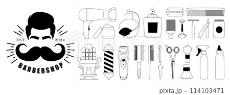 Set of black line icons of elements for hairdressing salon. Hair clipper, combs, scissors, hair dryer, razor, perfume, barbershop supplies, vector line art style 114103471
