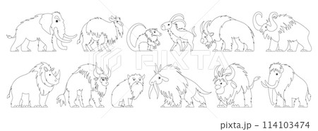 Set of black line icons of primitive animals, antediluvian beasts of the Stone Age. Elephant, mammoth, buffalo, bull, bison, saber tooth, wild cat, ram and goat in the form of the period BC. Set of black line icons of primitive animals, antediluvian beasts of the Stone Age. Elephant, mammoth, buffalo, bull, bison, saber tooth, wild cat, ram and goat in the form of the period BC. 114103474