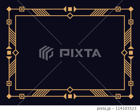 Art deco frame. Vintage linear border. Design a template for invitations, leaflets and greeting cards. Geometric golden frame. The style of the 1920s - 1930s. Vector illustration 114103523