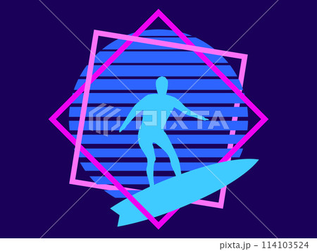 Silhouette of a surfer on a surfboard against the background of a retro futuristic blue sun in a square frame. Synthwave and retrowave style. Design for banners and posters. Vector illustration 114103524