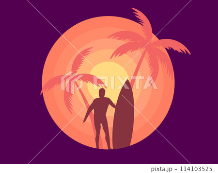 Silhouette of a surfer with a surfboard against a background of sunset with palm trees. Romantic sunset with a silhouette of two palm trees and a surfer. Vector illustration 114103525