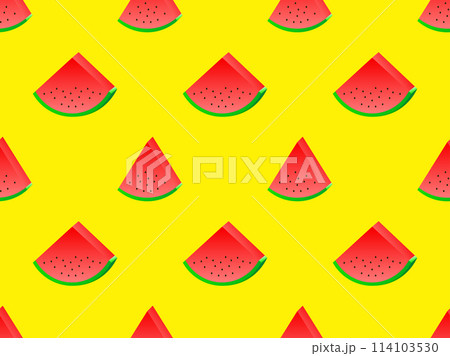 3D watermelon slices with seeds seamless pattern. Isometric watermelon slices on a yellow background. Design for posters, wallpaper, print promotional items. Vector illustration 3D watermelon slices with seeds seamless pattern. Isometric watermelon slices on a yellow background. Design for posters, wallpaper, print promotional items. Vector illustration 114103530