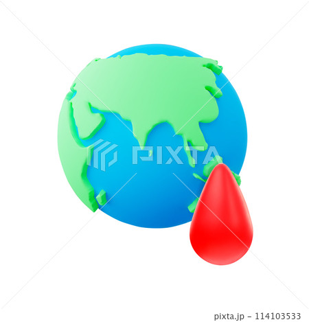 3d cartoon blue and green globe with red blood drop isolated on white background. Design element for June 14 World blood donor day concept. Medical poster of Donate blood. 3D Vector illustration. 3d cartoon blue and green globe with red blood drop isolated on white background. Design element for June 14 World blood donor day concept. Medical poster of Donate blood. 3D Vector illustration. 114103533