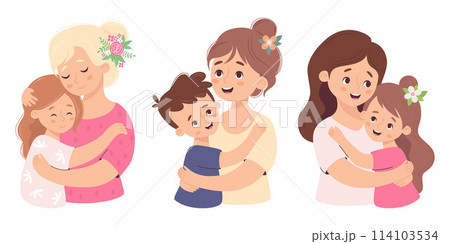 Cute mother with daughter and son. Happy family collection. Beautiful woman tenderly hugging their child. Vector illustration flat cartoon style. Isolated character for holiday design. 114103534