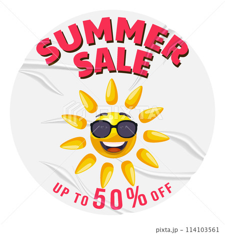 Summer Sale glued paper Sun cartoon in sunglasses, with wrinkles 114103561
