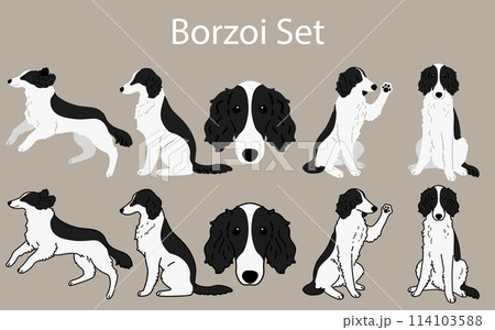 シンプルで可愛い白と黒のボルゾイのイラストセット シンプルで可愛い白と黒のボルゾイのイラストセット 114103588