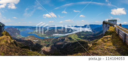Picturesque autumn Alps mountain lakes view from Schafberg viewpoint, Salzkammergut, Upper Austria. 114104053