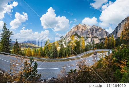 Autumn morning alpine Dolomites mountain scene. Peaceful Valparola Path view, Belluno, Italy. 114104060