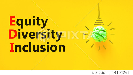EDI equity diversity inclusion symbol. Concept words EDI equity diversity inclusion on yellow paper on beautiful yellow background. Business EDI equity diversity inclusion concept. Copy space. 114104261