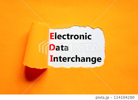 EDI electronic data interchange symbol. Concept words EDI electronic data interchange on white paper on a beautiful orange background. Business and EDI electronic data interchange concept. Copy space. EDI electronic data interchange symbol. Concept words EDI electronic data interchange on white paper on a beautiful orange background. Business and EDI electronic data interchange concept. Copy space. 114104280