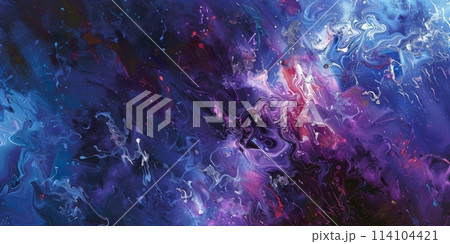 Multilayered brushstrokes in varying shades of blue and purple creating an abstract composition 114104421