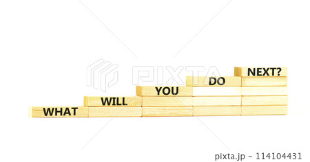What will you do next symbol. Concept words What will you do next on wooden blocks stairs. Beautiful white table white background. Business, what will you do next concept. Copy space. 114104431