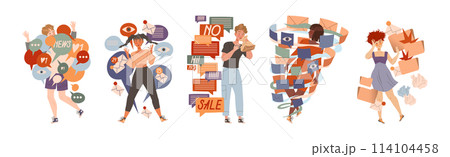 Information Stress with People Character Overload with Propaganda and Internet Social Media Fake News Vector Set 114104458