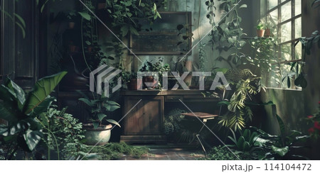 A room filled with numerous plants placed next to a window 114104472