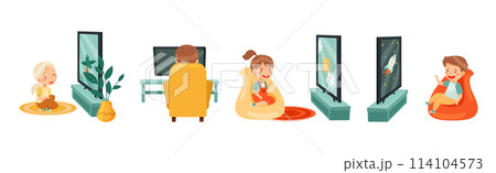 Cute Kids Sitting and Watching TV Vector Set 114104573
