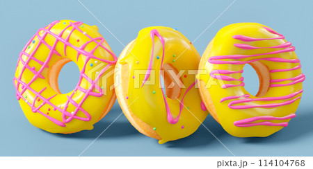 A pile of chocolate glazed donuts with sprinkles in motion falling on a grey A pile of chocolate glazed donuts with sprinkles in motion falling on a grey 114104768